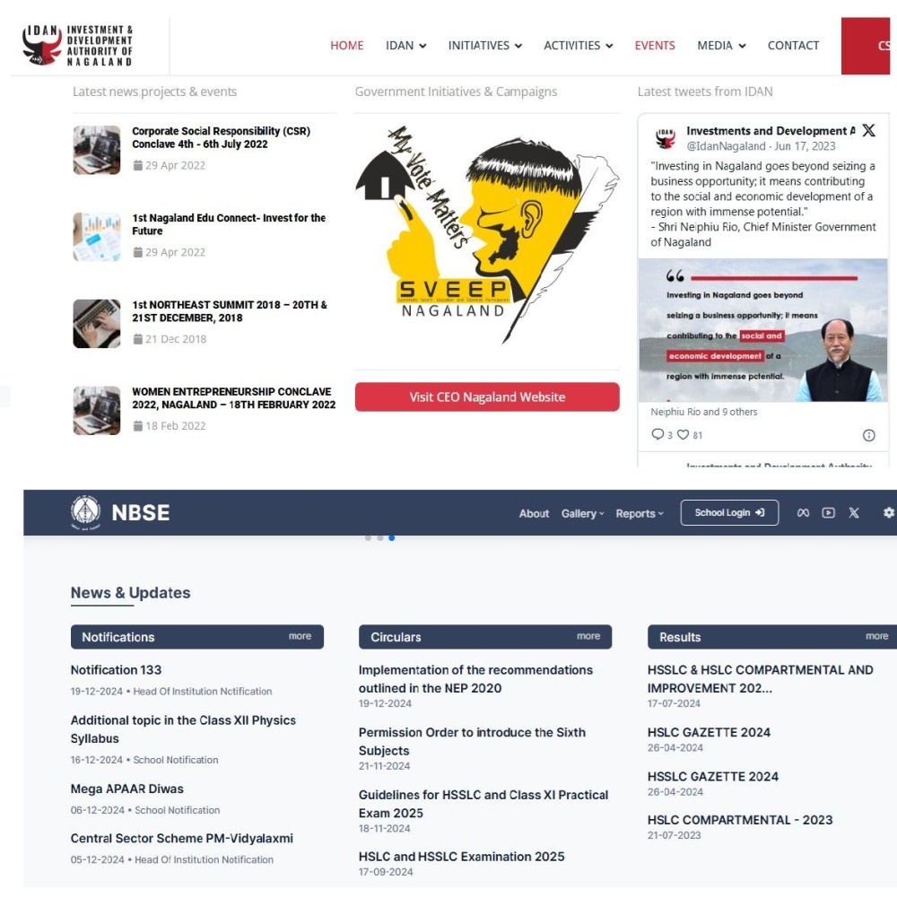 A collage of screenshots from the IDAN (top) and NBSE (bottom) websites, taken on December 21, illustrating the degree of updates on these platforms. (Morung Photo/Screenshot)